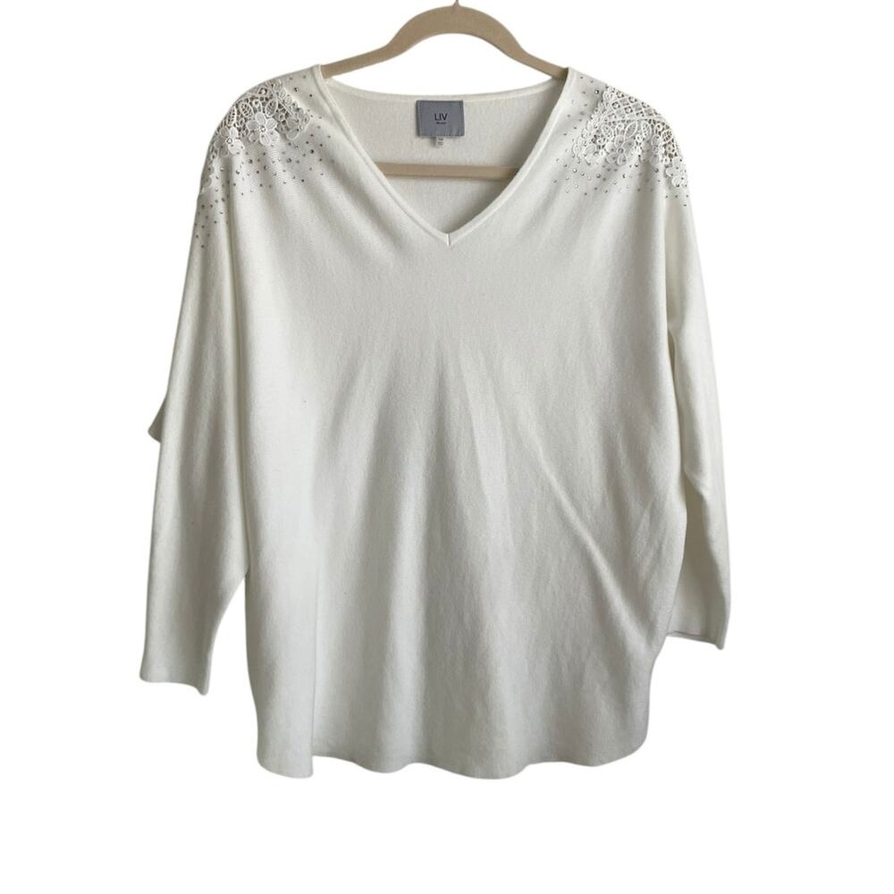 Liv Milano Women Sweater 1X Ivory Crochet Gem Flower Shoulder Cottagecore Whimsy
